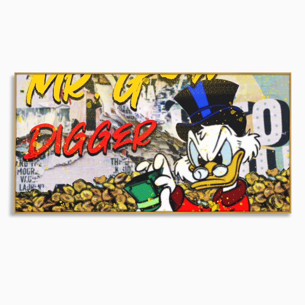 Tablou canvas cu tablou canvas cu scrooge mcduck si bani, in rama de aluminiu auriu